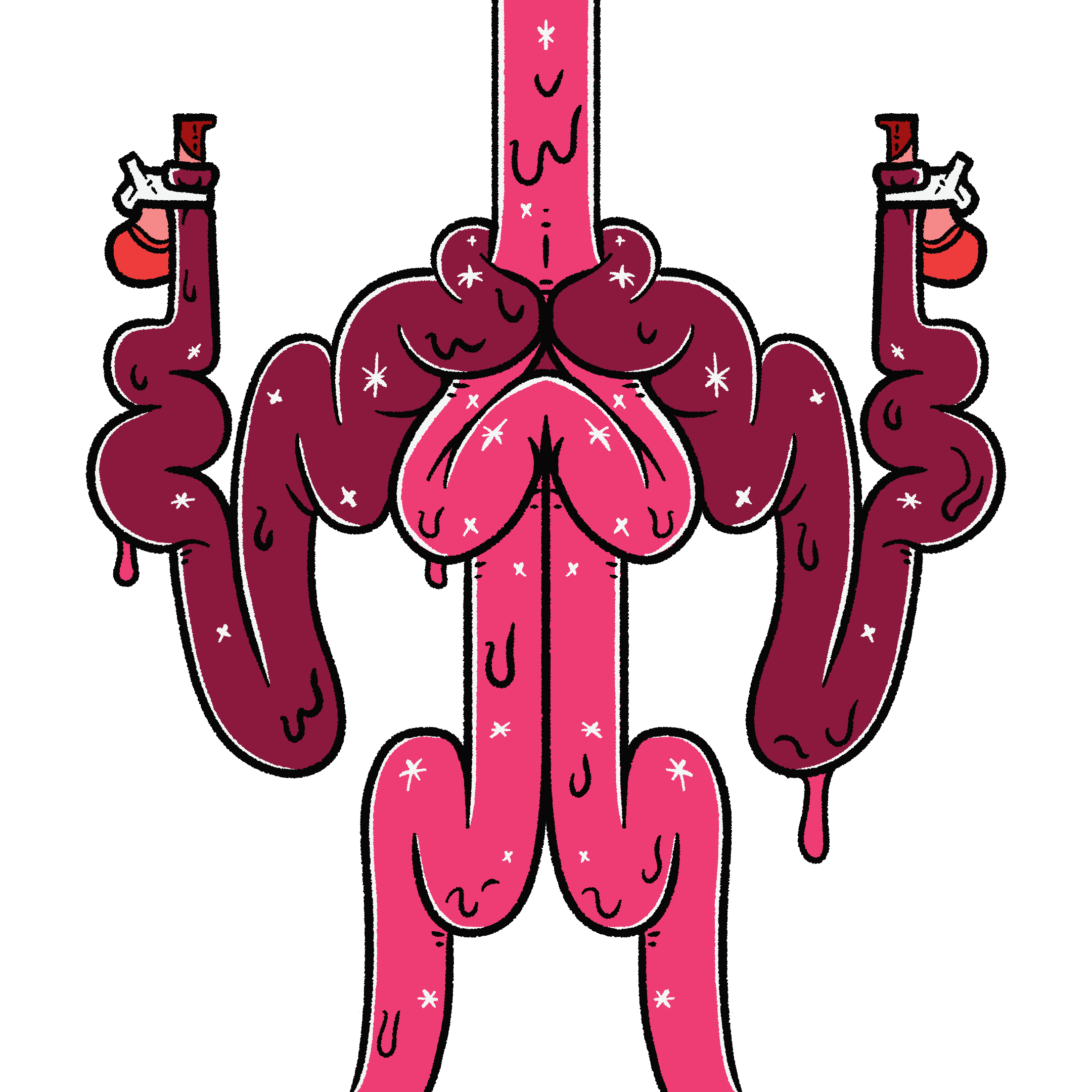 Illustration of a humanoid creature made from purple intenstines, dotted with sparkling stars. Each 'arm' ends in a bony, red gun barrel.